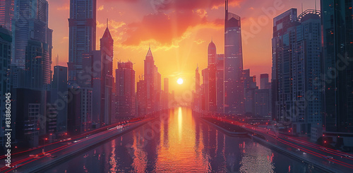 The sun is beginning to rise between skyscrapers in a futuristic city at dawn. Generative AI.