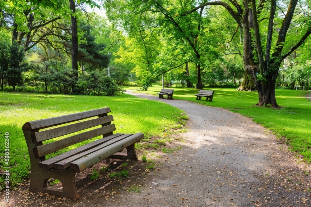 Fototapeta premium Tranquil Urban Oasis: Beautiful Park with Walking Trail and Relaxing Benches