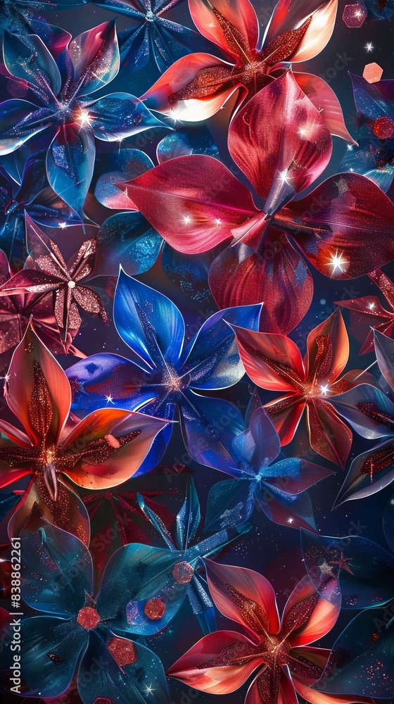 Vibrant floral pattern featuring red and blue flowers with a dark background, perfect for background, wallpaper, or textile design. Vibrant floral pattern featuring red and blue flowers with a dark background, perfect for background, wallpaper, or textile design.