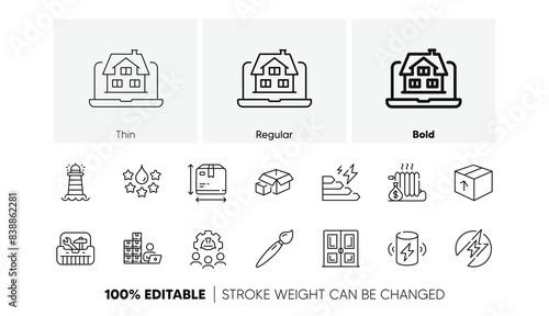 Electric energy, Consumption growth and Packing boxes line icons. Pack of Box size, Door, Charge battery icon. Package, Inventory, Brush pictogram. Realtor, Radiator, Engineering team. Vector