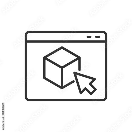 3D object program, linear icon, program window, cube and cursor. Line with editable stroke