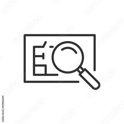 Exploring of blueprint, house plan, linear icon. Blueprint and magnifying glass. Inspection Engineering drawing. Line with editable stroke