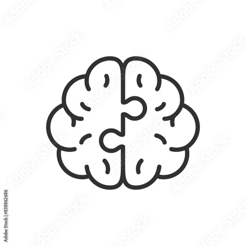 Putting the brain together, linear icon. The interlocking parts of the brain. The brain is made of puzzles. Line with editable stroke