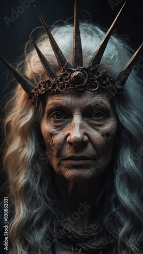Portrait of an old witch with a rusty crown on her head