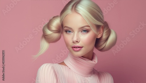 Wallpaper Mural studio portrait of a short hair young blonde woman wearing a pink dress on pink background	 Torontodigital.ca