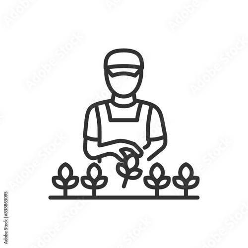 Harvesting or planting a plant, linear icon. A human planting or harvesting a plant. Line with editable stroke