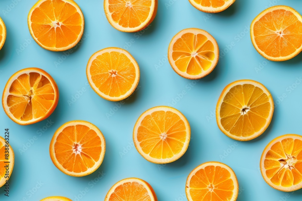 Freshly sliced oranges on a bright blue background, showcasing vibrant colors and a healthy, refreshing feel. Perfect for summer themes. Freshly sliced oranges on a bright blue background, showcasing vibrant colors and a healthy, refreshing feel. Perfect for summer themes.