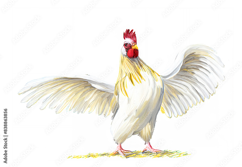 Φωτογραφία アナログタッチ、手描き風の羽ばたく鶏、鳥のイラスト　酉年　年賀状素材　AI生成画像　