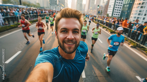 A marathon runner, amidst the pulsating rhythm of the race, manages to capture a selfie, conveying both determination and exhilaration, the city's skyline stretching out before them