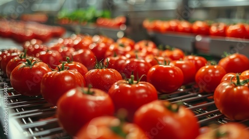 Close-up shot of a manufacturing process in a vegetable factory, tomatoes being canned with high precision in a clean environment