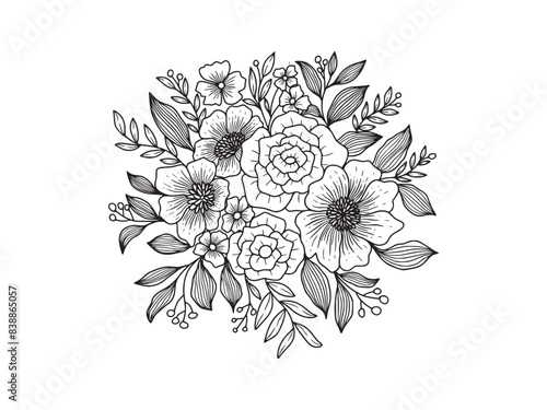 Hand drawn of flowers vector, wild flower, bouquet on white background