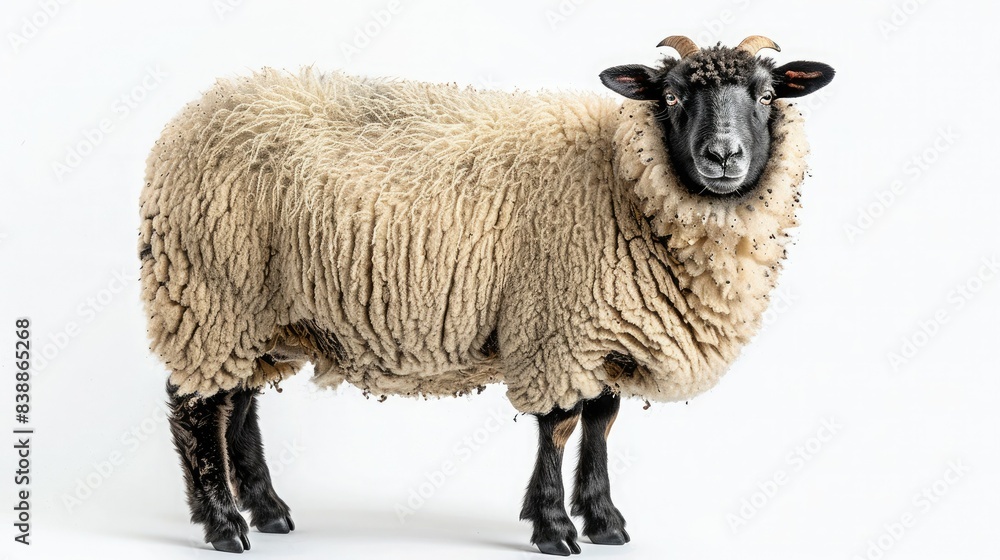 A detailed photo of a woolly sheep standing against a clean white background, highlighting its textured fleece and alert expression. A detailed photo of a woolly sheep standing against a clean white background, highlighting its textured fleece and alert expression.