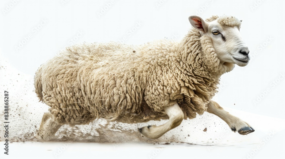 Obraz premium A fluffy sheep in motion against a clean white background, capturing its dynamic and lively nature in high-detail photography.