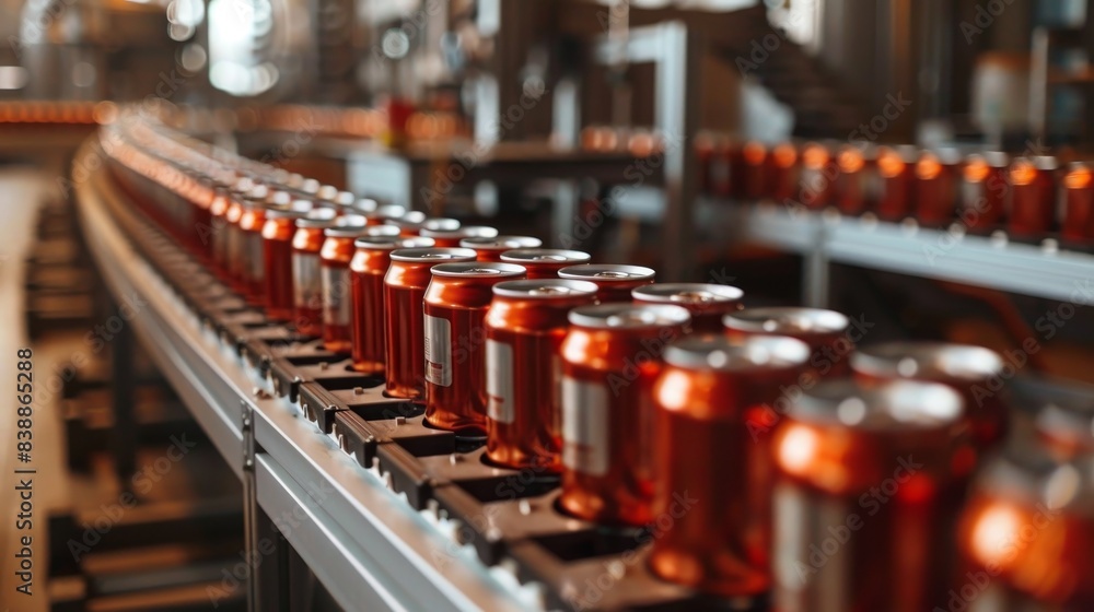 Close-up of a modern soda can production line, showcasing the clean and efficient process in a high-tech food plant Close-up of a modern soda can production line, showcasing the clean and efficient process in a high-tech food plant