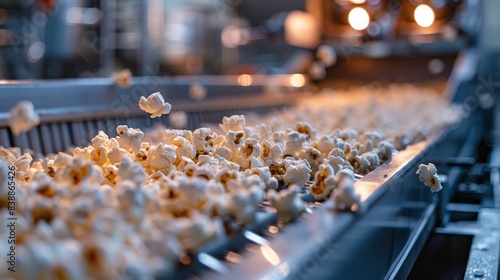 Close-up of a clean and modern popcorn production line, highlighting the manufacturing process in a food plant