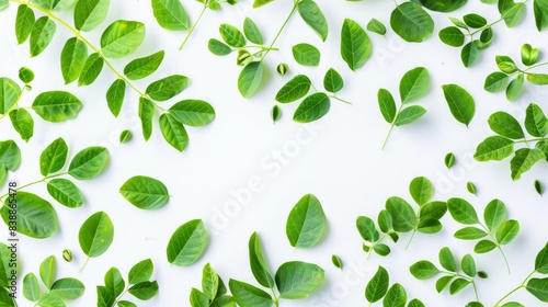Fresh moringa leaves spread out, known for their health benefits, on white