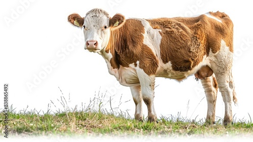Brown and white cow standing on green grass, against white background, showcasing farm animal in natural environment.