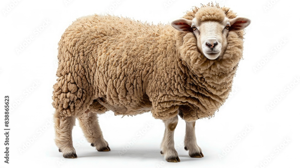 Naklejka premium Portrait of a fluffy sheep standing on a white background. The woolly animal is looking directly at the camera.