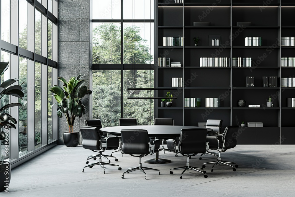 office with a round table surrounded by black chairs, tall windows and black bookshelves. A large table on the left, and a white wall as the background. Generative ai