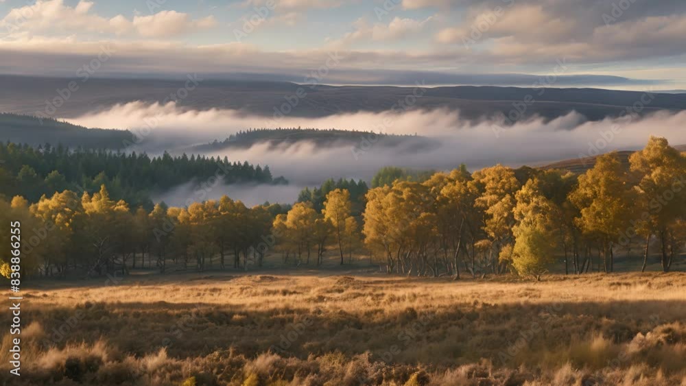 Misty forest at dawn, bathed in golden light