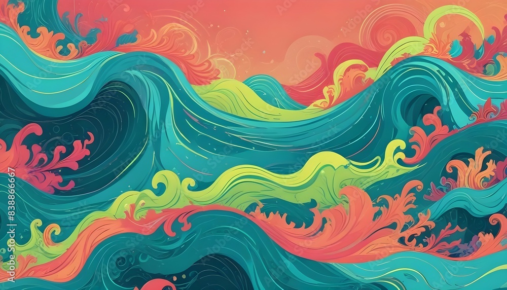 Generate an abstract vector background featuring intricate waves of vibrant, tropical colors like teal, coral, and lime, evoking a sense of exotic beauty.