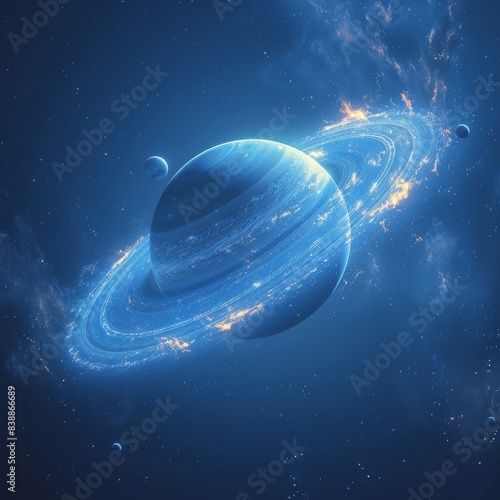 Cosmic Blue Background with Saturn Ring and Glowing Light Rays - Abstract Space Concept photo