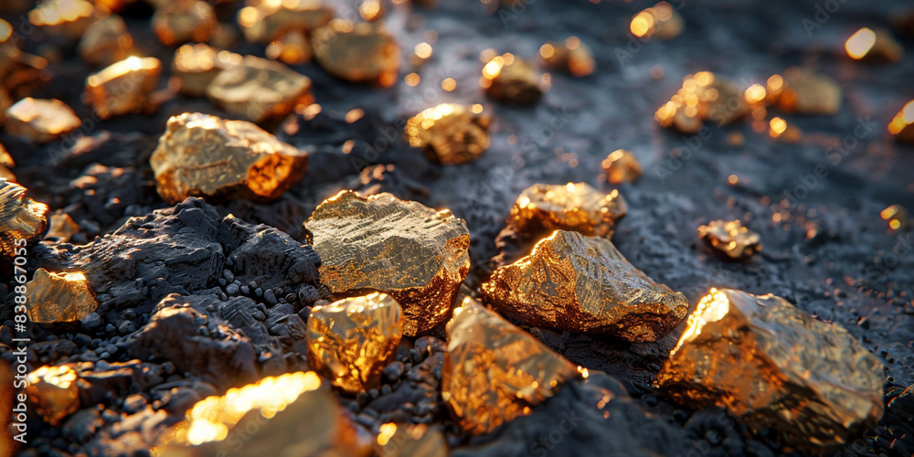 Precious Metal Nuggets on Coal Surface
Precious Metal Nuggets on Coal Surface