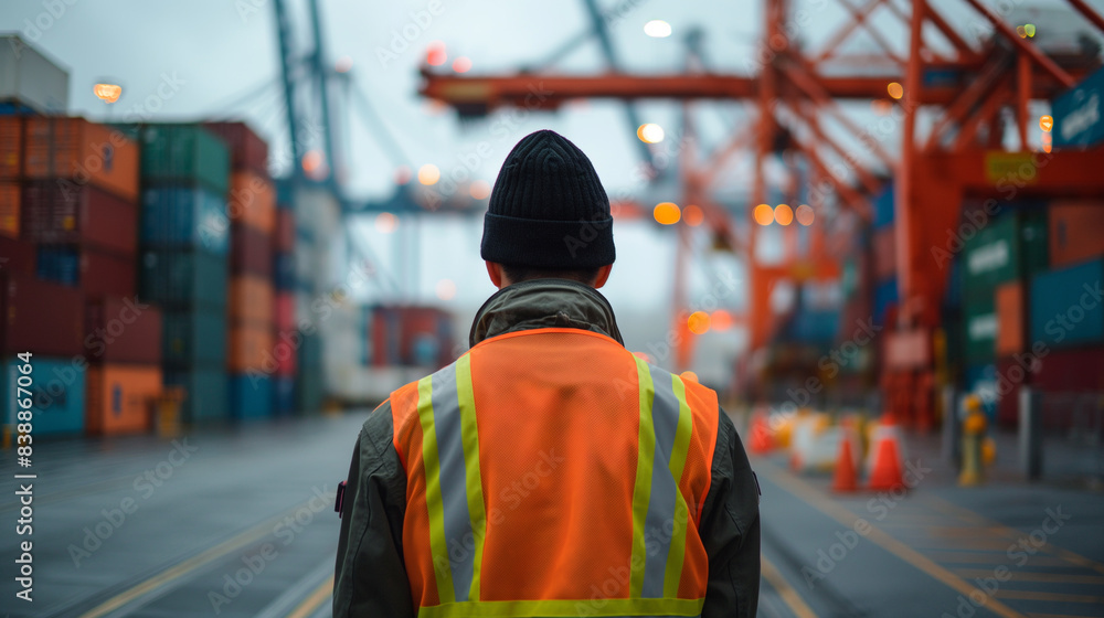 Worker in safety vest and hat near container cranes Worker in safety vest and hat near container cranes