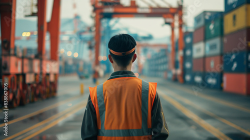 Worker in orange vest beside container ship