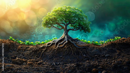 Synergy Of Nature And Technology: Tree Of Innovation With Mechanical Roots And Gears – Ai Generated
