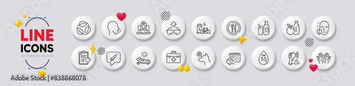 Food, Lounger and Face protection line icons. White buttons 3d icons. Pack of Milk, Fitness calendar, First aid icon. Ph neutral, Leaves, Patient history pictogram. Vector