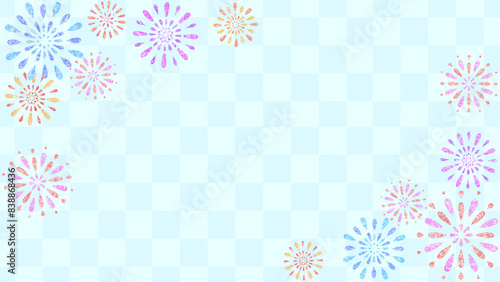 花火の和フレーム背景　和柄　市松模様　文様　和風　和紙　打ち上げ花火　風物詩　和モダン　おしゃれ　シンプル　淡い　飾り枠　暑中見舞い　お中元　ギフト　ポスター　16:9