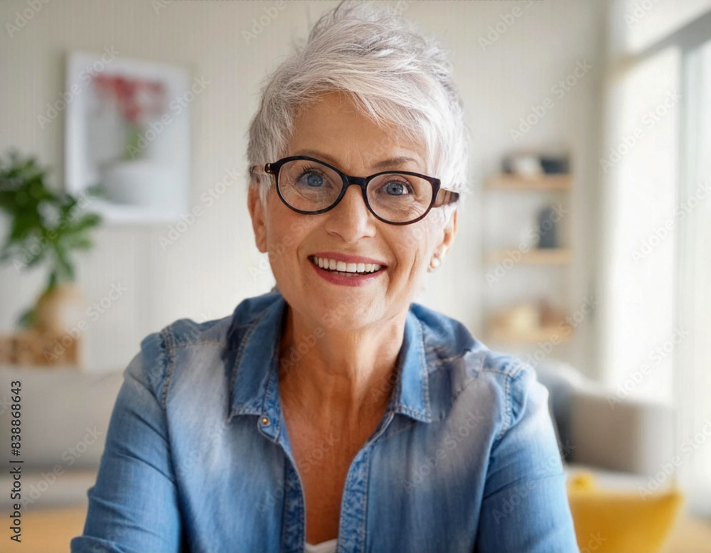 home interior portrait of friendly lady beautiful smiling senior woman with white grey hair home interior portrait of friendly lady beautiful smiling senior woman with white grey hair