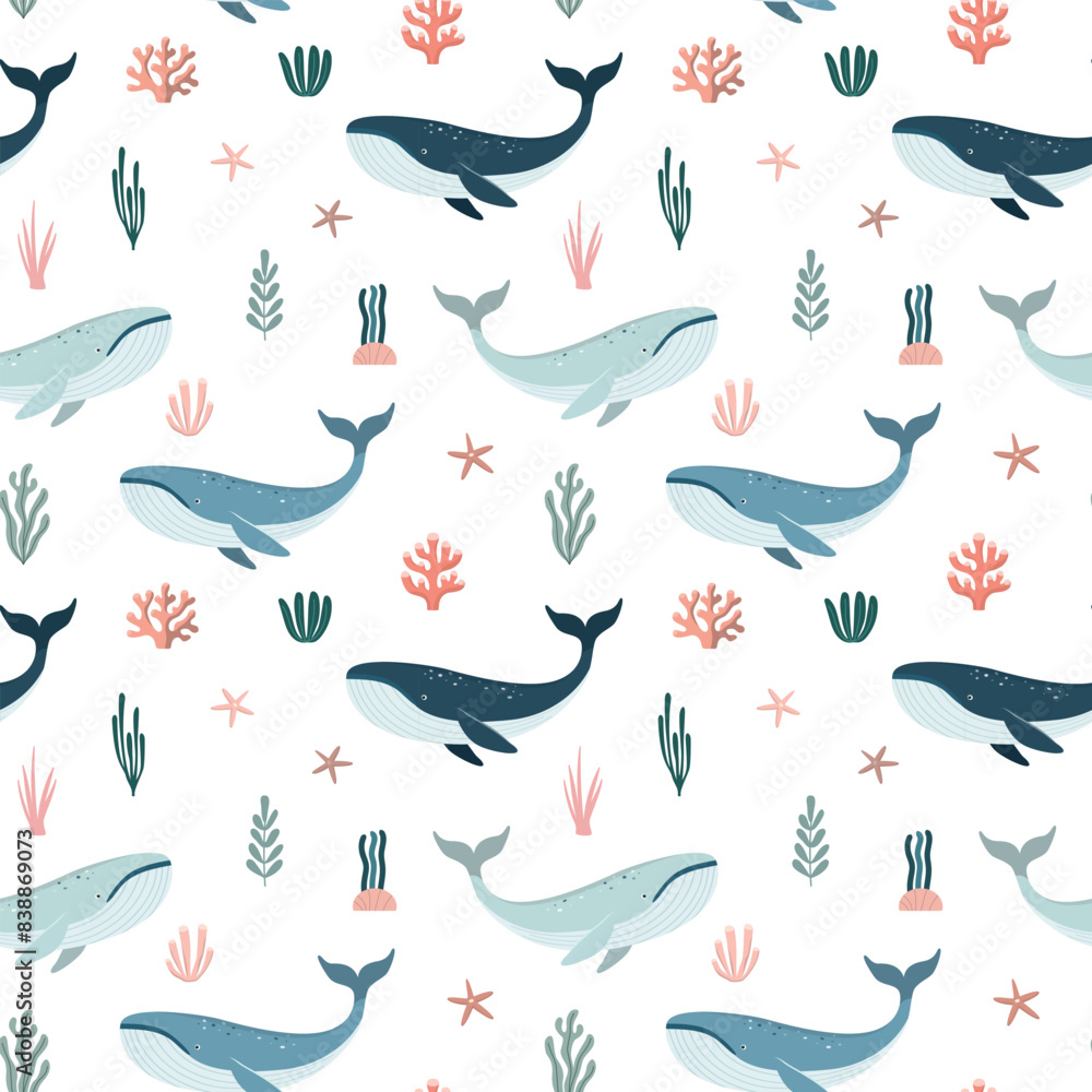Fototapeta premium Seamless pattern with cartoon style whales. Graphic for wrapping paper, posters, fabric print. Isolated on white background
