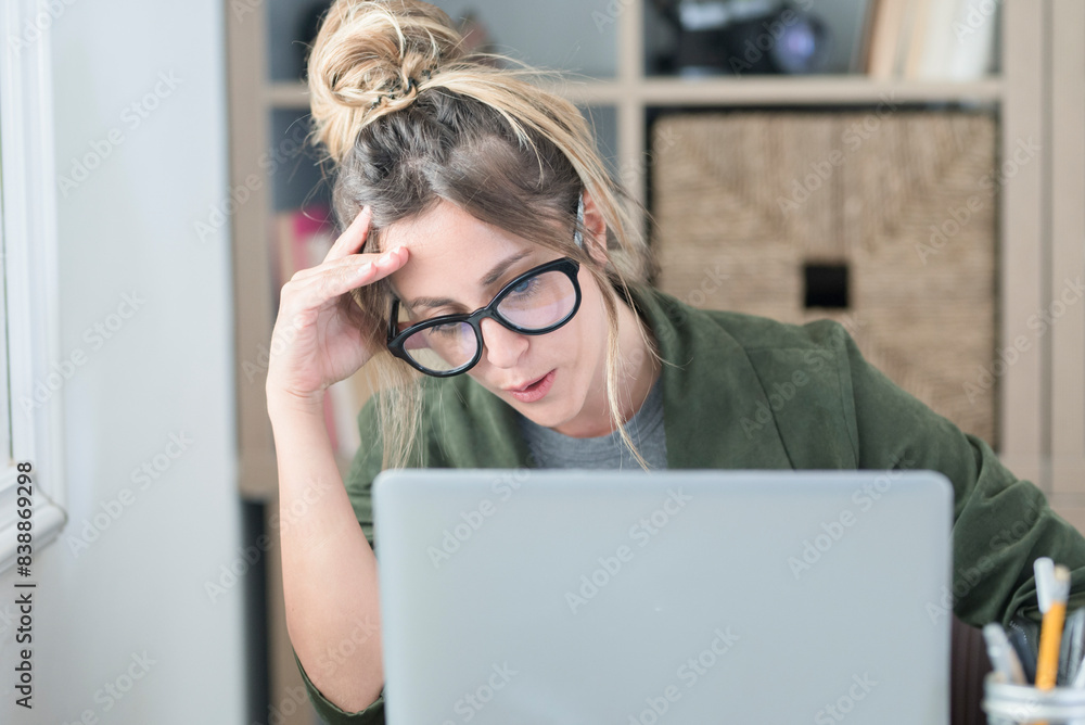 Sad and frustrated young woman feeling tired and worried about a problem sitting at desk with laptop, stressed and in pain female having problems reading bad news online, email notification about debt Sad and frustrated young woman feeling tired and worried about a problem sitting at desk with laptop, stressed and in pain female having problems reading bad news online, email notification about debt