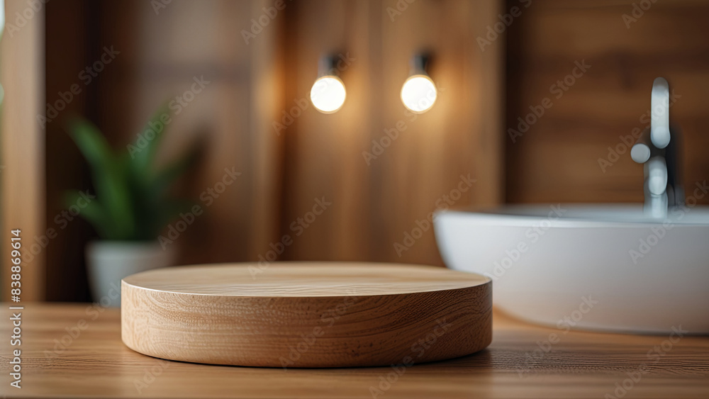 Light wooden empty round podium on a countertop on a blurred background of the modern bathroom or living room with house plant, warm lighting. Scene stage showcase for beauty and spa products