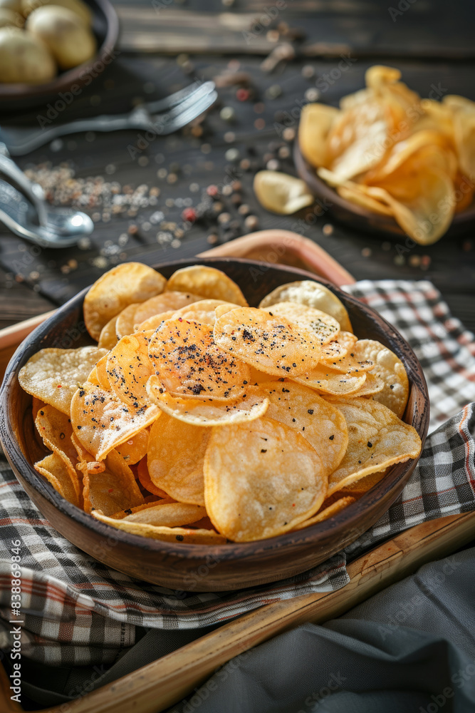 Top View Potato Chips on Wooden Tray Top View Potato Chips on Wooden Tray