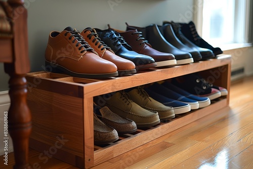 Students organizing a shoe rack in the entryway