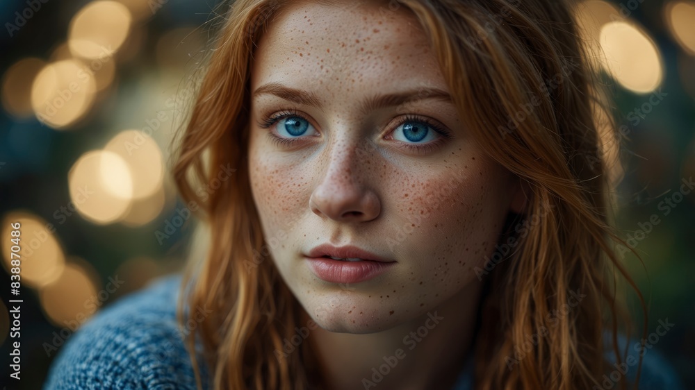 Lovely young woman with fair hair, freckles, and captivating blue eyes makes direct eye contact with the camera Lovely young woman with fair hair, freckles, and captivating blue eyes makes direct eye contact with the camera