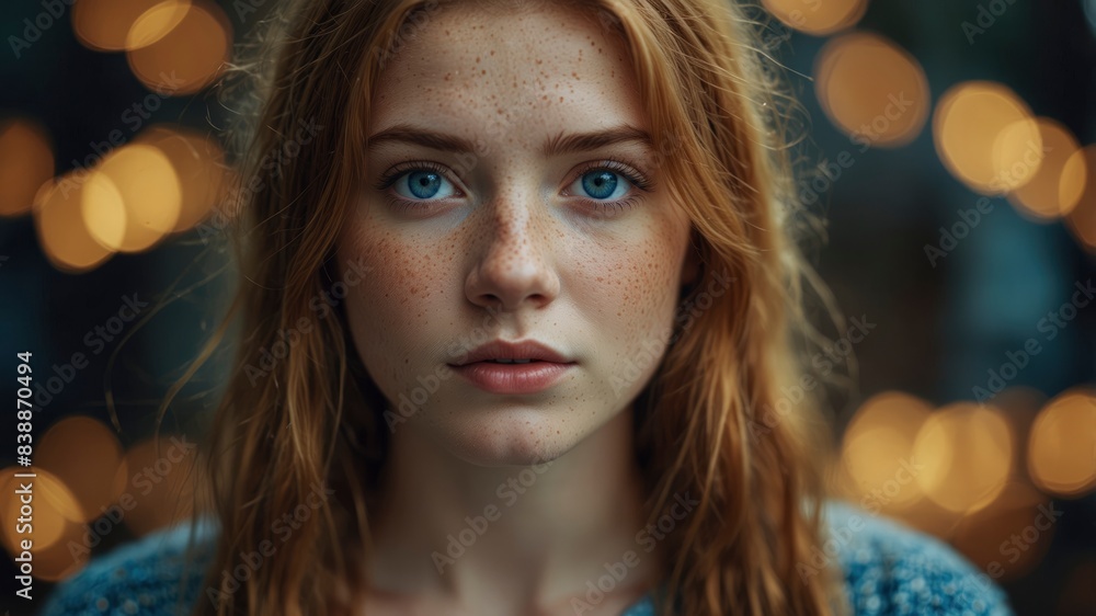 Lovely young woman with fair hair, freckles, and captivating blue eyes stares directly at the camera Lovely young woman with fair hair, freckles, and captivating blue eyes stares directly at the camera