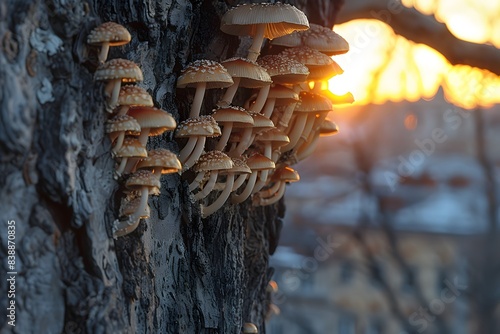 Golden Afternoon: Mushrooms Growing on Tree Bark Against Sunset - Ideal for Nature, Autumn, and Organic Design