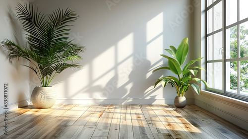 concept of modern empty room interior. Plant. Parquet with empty copy space
