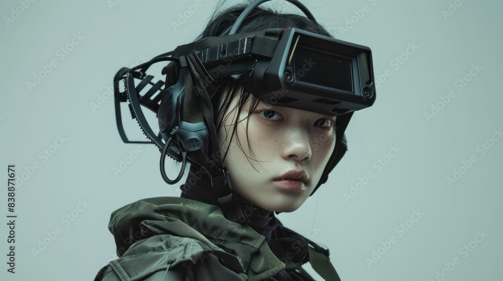 Asian woman wearing vr headset and earbuds in modern technology and travel concept Asian woman wearing vr headset and earbuds in modern technology and travel concept