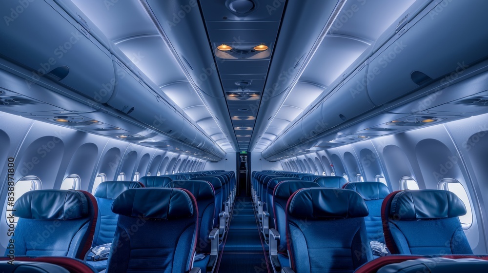 Fototapeta premium Wide-angle view of an empty plane cabin, showcasing rows of clean seats, large windows, and overhead bins, ready for passengers