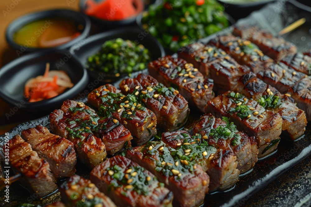 Yakiniku - Grilled meat served with dipping sauces, often prepared at the table. Yakiniku - Grilled meat served with dipping sauces, often prepared at the table.