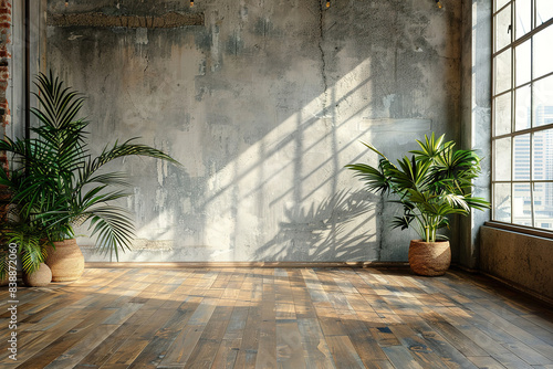 concept of modern empty room interior. Plant. Parquet with empty copy space