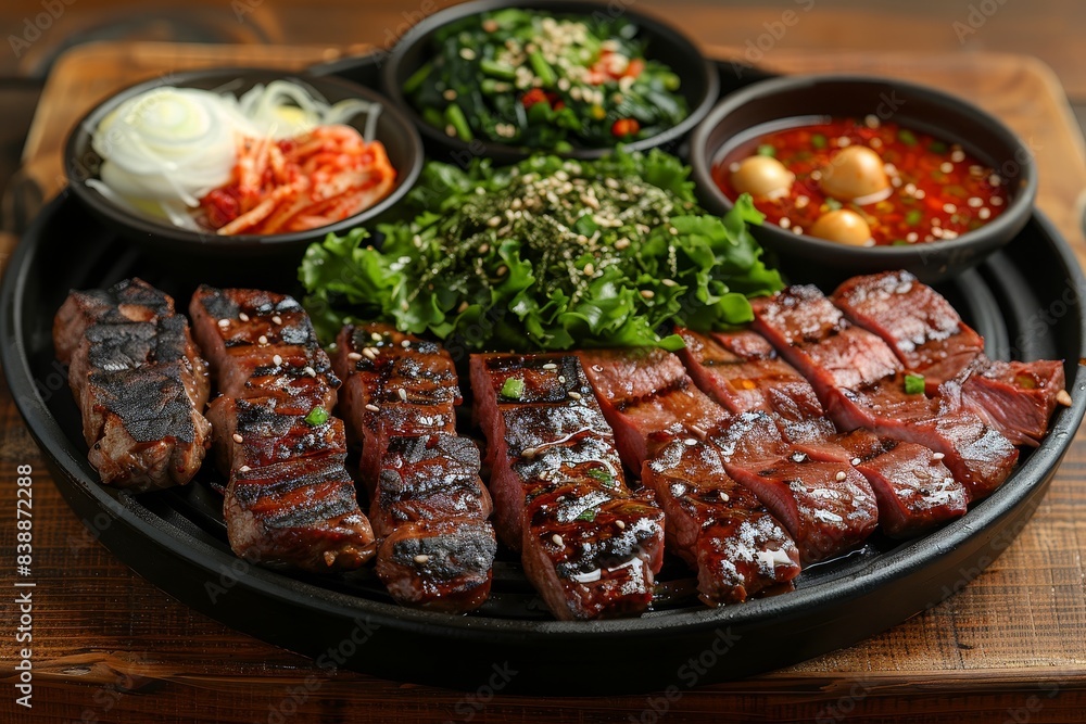 Yakiniku - Grilled meat served with dipping sauces, often prepared at the table. Yakiniku - Grilled meat served with dipping sauces, often prepared at the table.