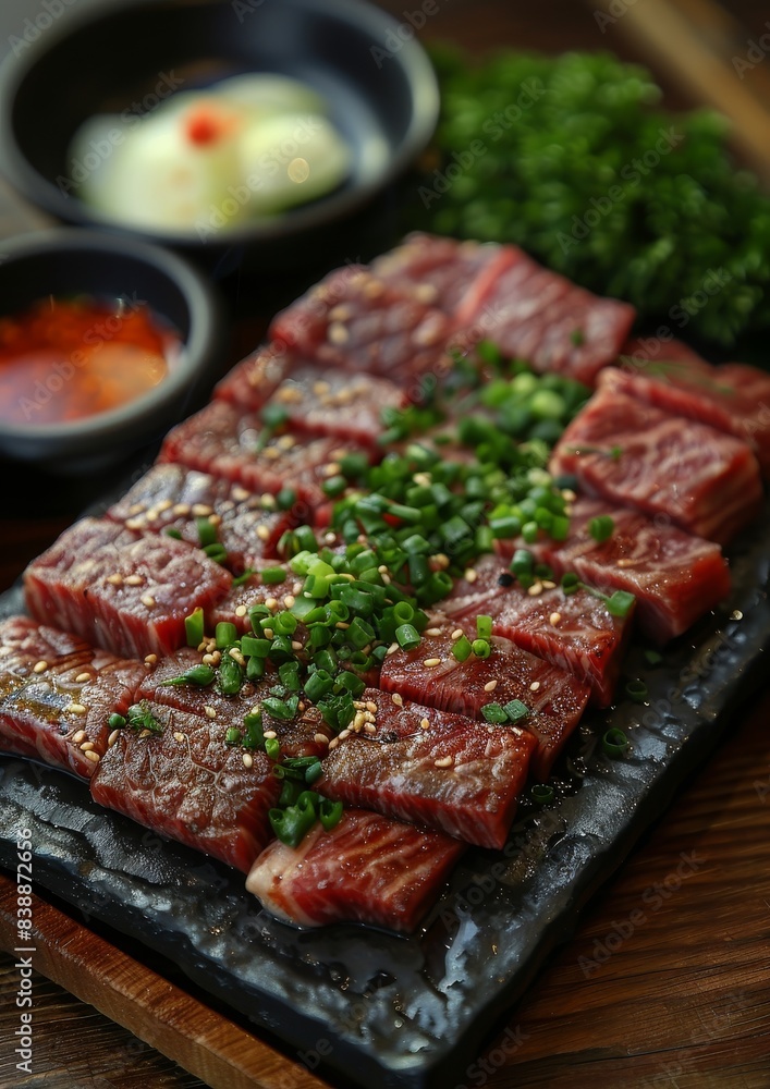 Yakiniku - Grilled meat served with dipping sauces, often prepared at the table. Yakiniku - Grilled meat served with dipping sauces, often prepared at the table.