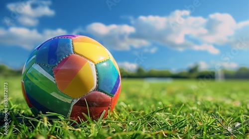 A colorful soccer ball with rainbow stripes sits on the lush green grass of an open field under a blue sky  ready for action. Generative AI.