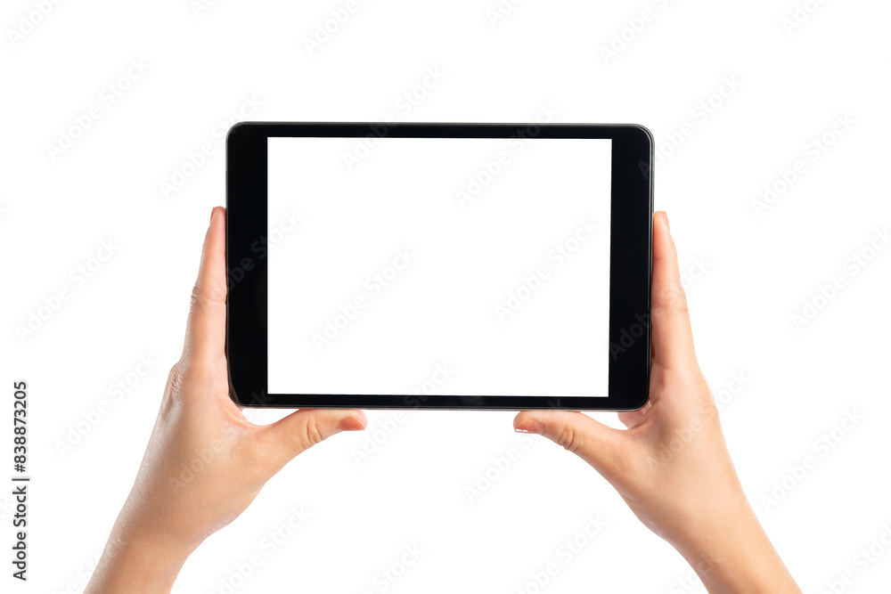 Hand holding digital tablet with blank screen isolated on white background, clipping path. Hand holding digital tablet with blank screen isolated on white background, clipping path.